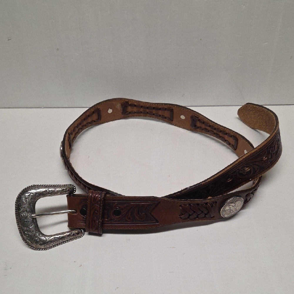 Elegant Brown Leather Belt with Intricate Silver Buckle